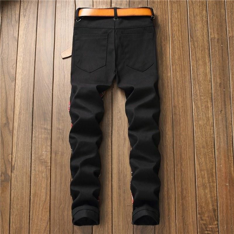 Original design autumn and winter new men's hole patch pants color cloth alternative stitching men's slim small straight jeans black 36