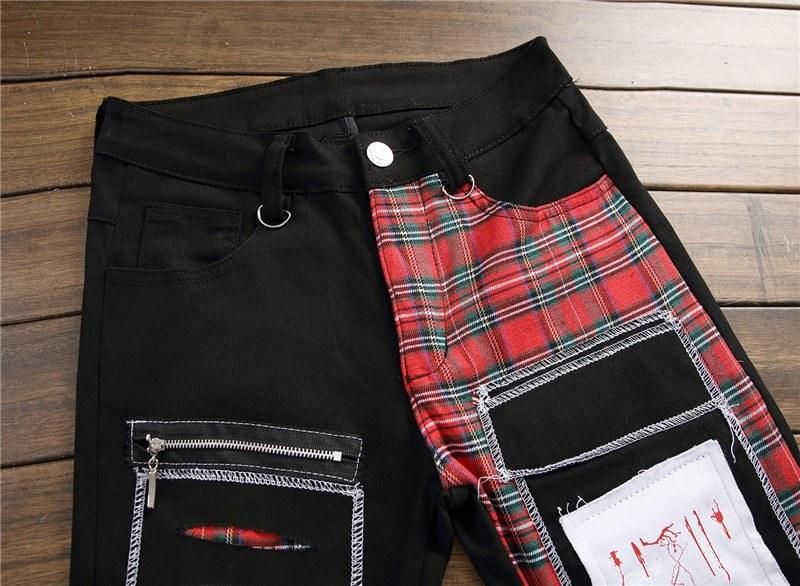 Original design autumn and winter new men's hole patch pants color cloth alternative stitching men's slim small straight jeans black 36