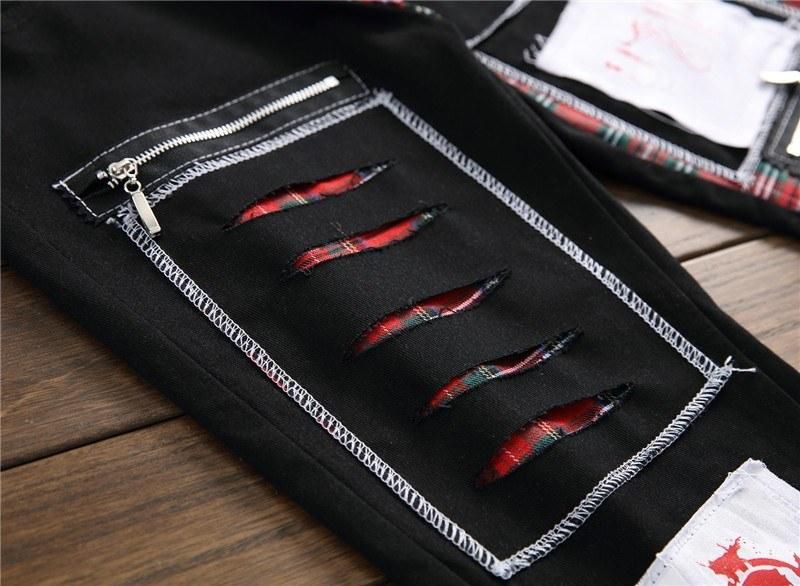 Original design autumn and winter new men's hole patch pants color cloth alternative stitching men's slim small straight jeans black 36