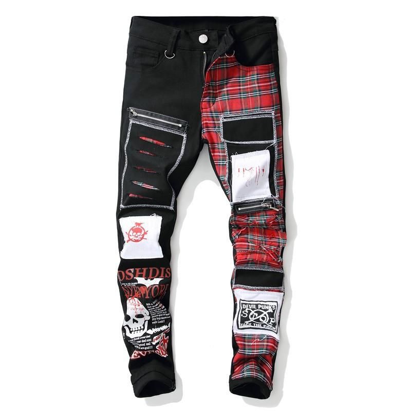 Original design autumn and winter new men's hole patch pants color cloth alternative stitching men's slim small straight jeans black 36
