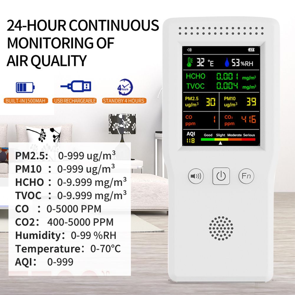 9 In 1 Temperature Humidity Co2 Meters Air Quality Detector PM2.5 PM10 HCHO TVOC CO CO2 LCD Color Display