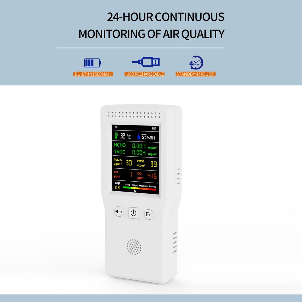 9 In 1 Temperature Humidity Co2 Meters Air Quality Detector PM2.5 PM10 HCHO TVOC CO CO2 LCD Color Display