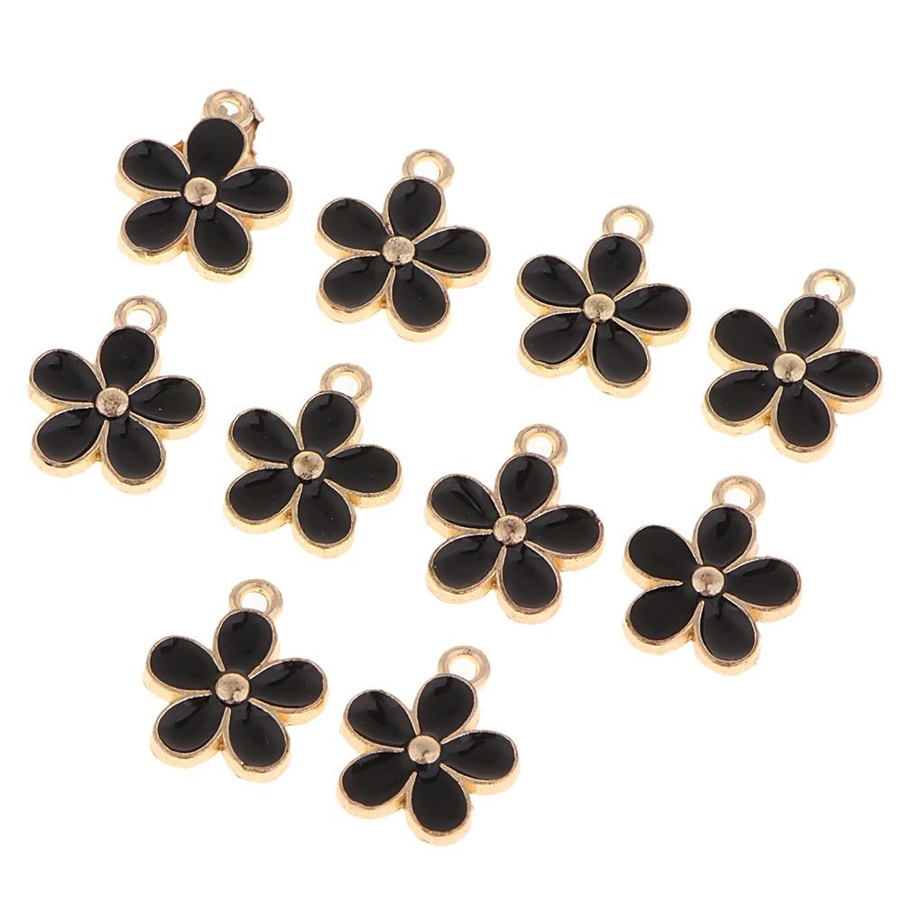 10Pcs Enamel Flower Charms Pendants For Jewelry Making Bracelets Black
