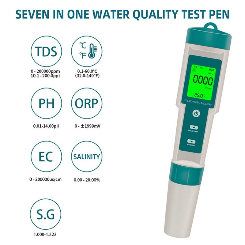 7 in 1 PHTDSECORPSalinity SGTemperature Meter C-600 Water Quality Tester for Drinking Water Aquariums PH Meter