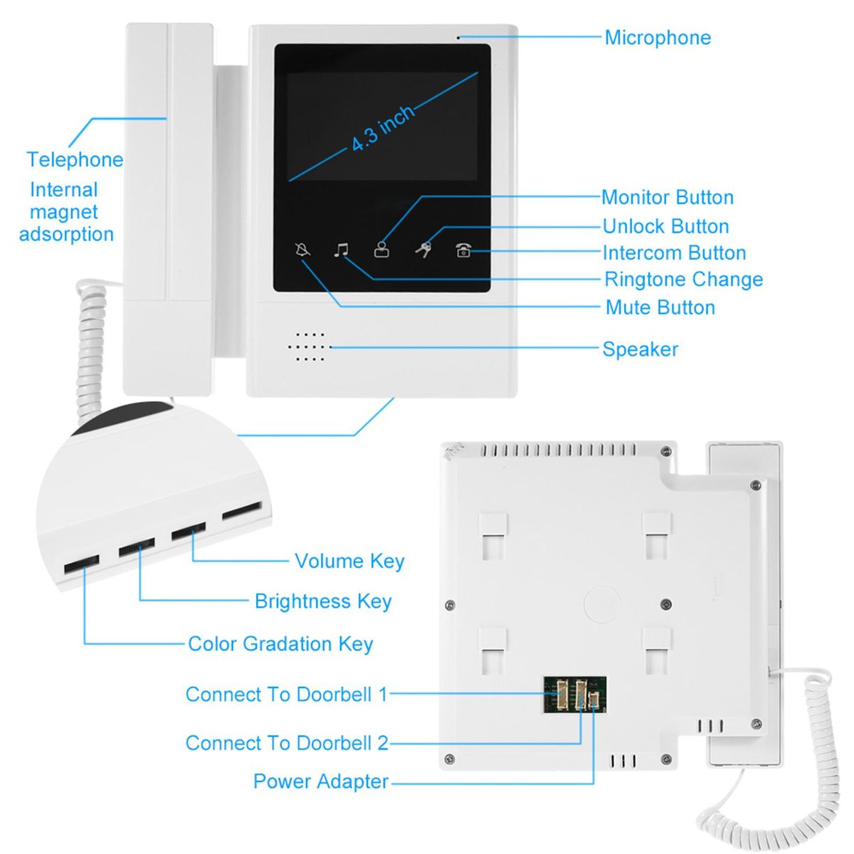 4.3 inch Wired Video Doorbell with Night Vision Rainproof Function Visual Intercom Two-way Audio Video Door Phone Doorphone Telephone style for Security Camera Home Surveillance