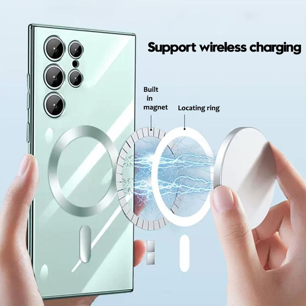 Electroplated transparent wireless charger case for Samsung Galaxy S23 ultra S22 S21 plus camera glass silicone protection cover