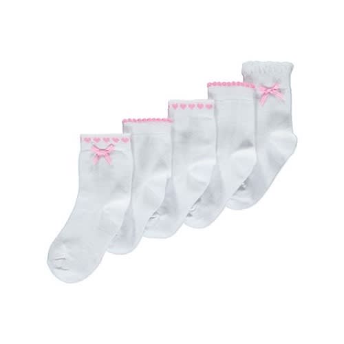 Girls White And Pink School Ankle Socks 5 Pack