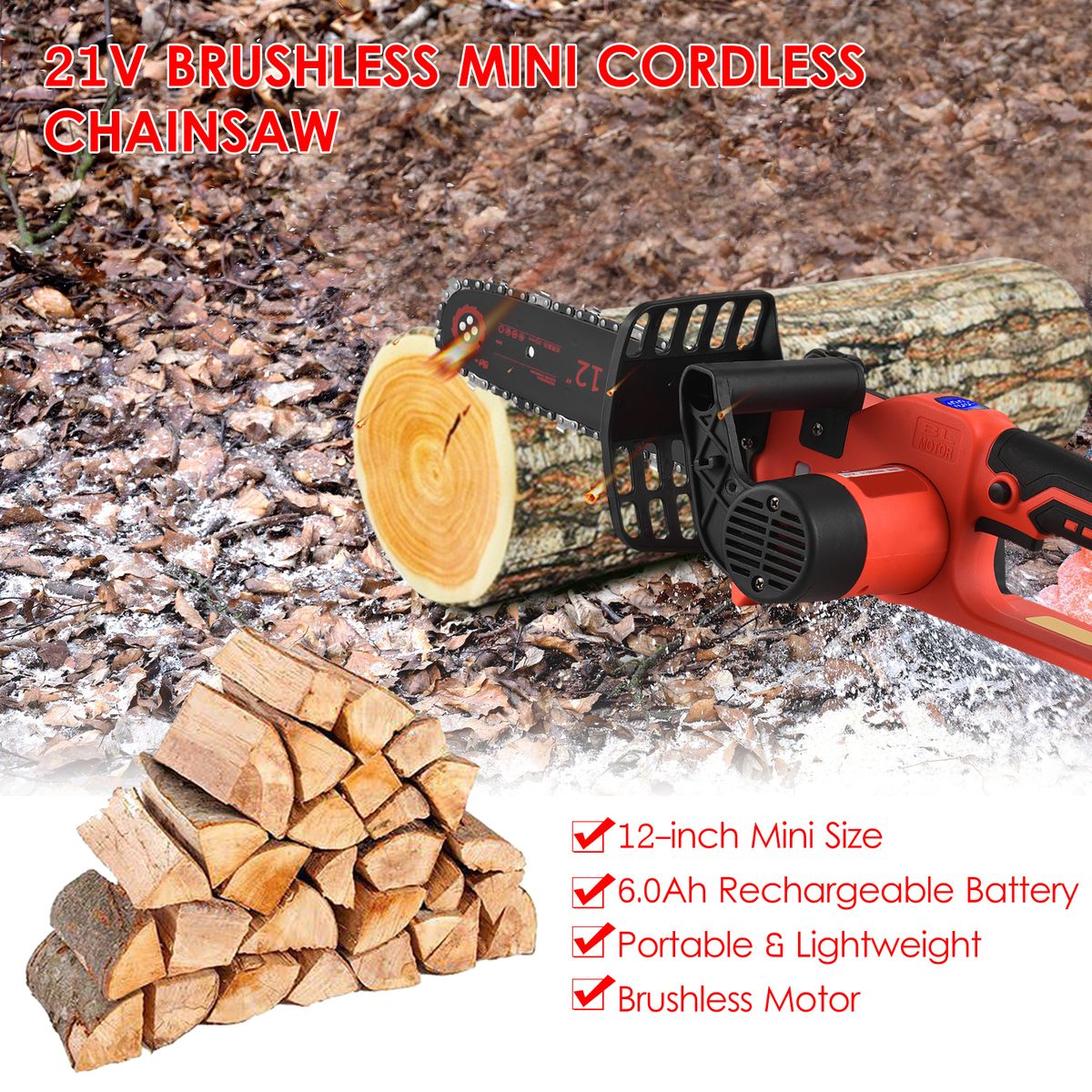 21V Brushless Mini Cordless Chainsaw 12-inch Electric Chain