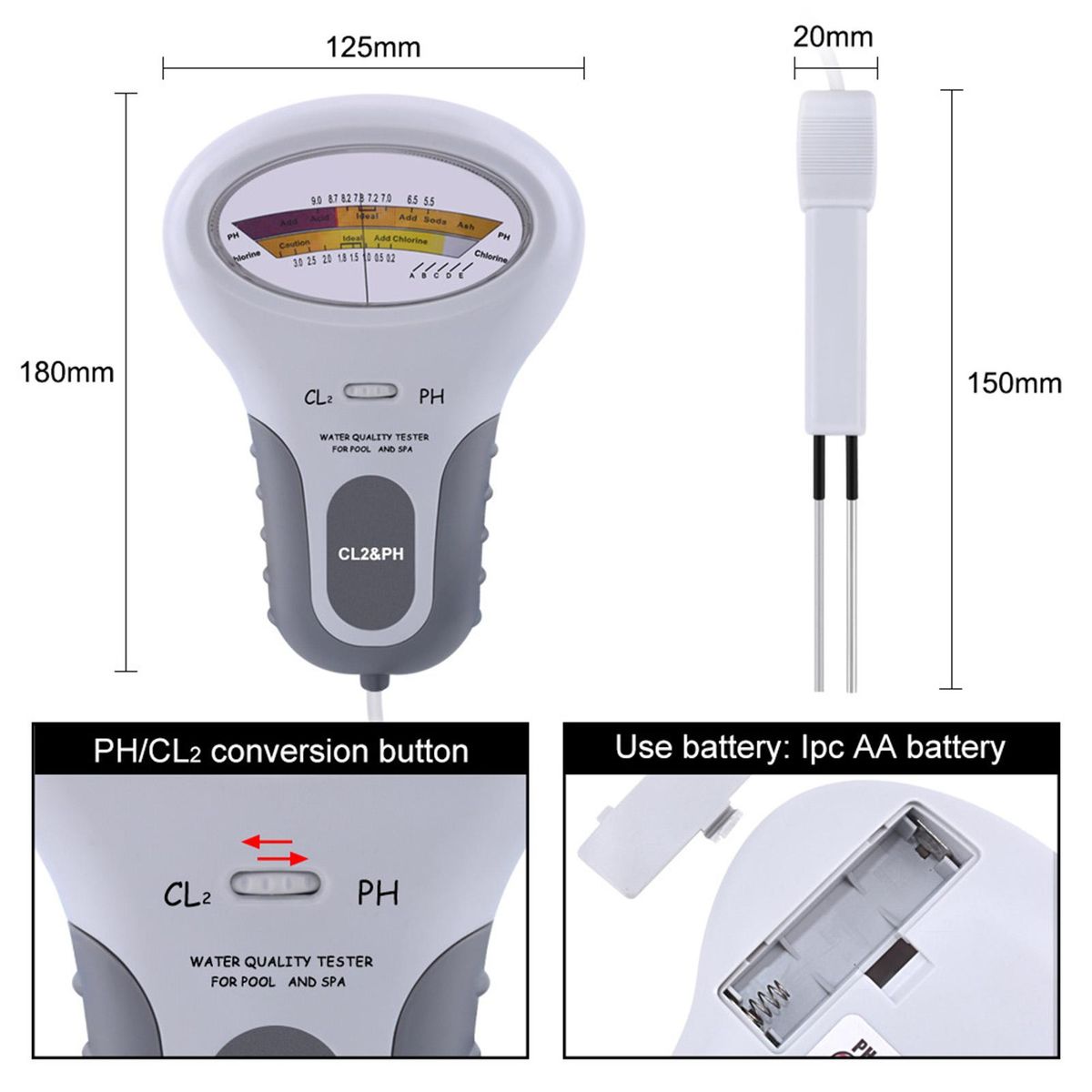 Water Quality Tester 2 in 1 PH and Chlorine Level CL2 Detector for Swimming Pool Spa