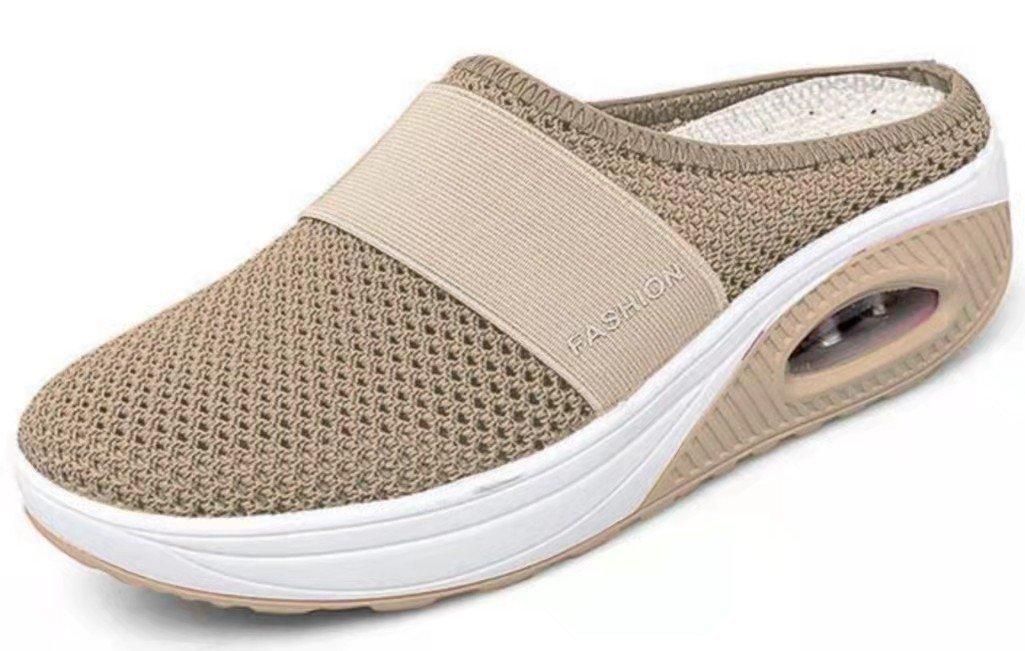 2022 summer new foreign trade large size lazy slip on Baotou mesh thick bottom slippers women European and American slope heel slippers women Khaki 41