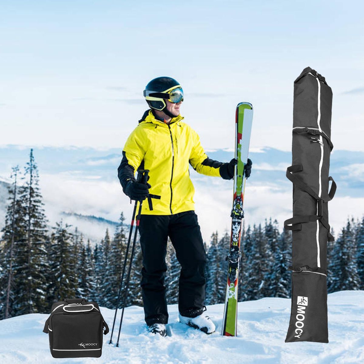 Skis and Boot Bag Combo Portable Skis Storage Bag Padded Waterproof Ski Travel Bags Large Capacity Boots Clothing Holder Organizer Fit Skis Up to 200 cm and Boots Up to US Size 13