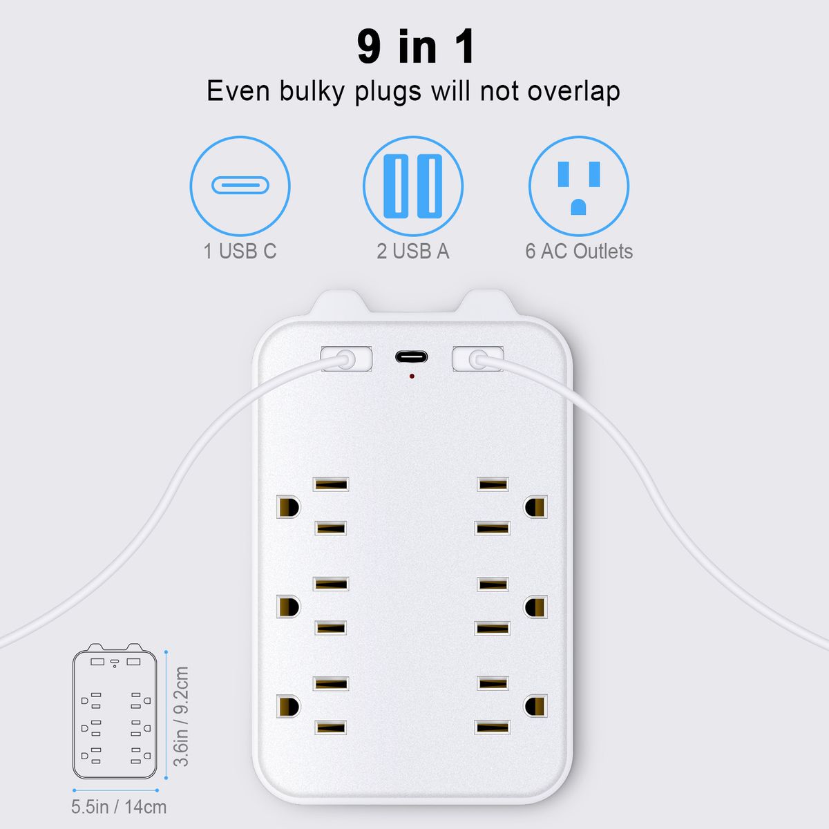 9-in-1 Surge Protector 6-Outlet Extender With 2 USB & 1