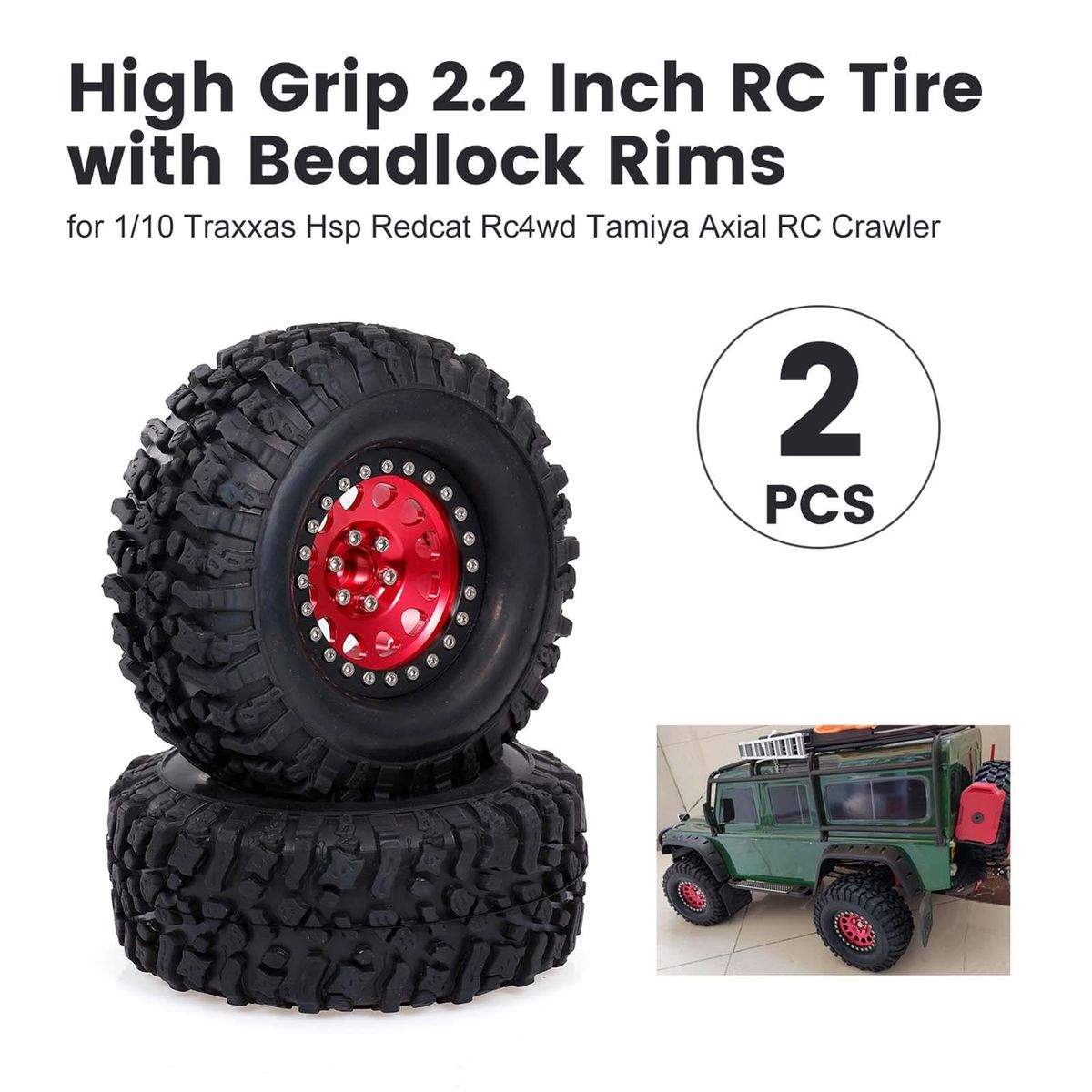 2PCS High Grip 2.2 Inch RC Rubber Tire Alloy Beadlock Rims Wheel Upgrade Parts for Traxxas Hsp Redcat Rc4wd Tamiya Axial scx10 D90 Hpi RC Crawler