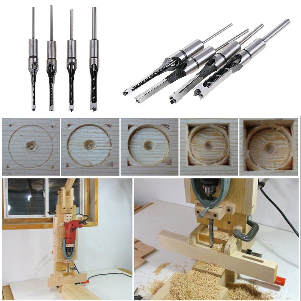 Woodworking square hole drill British lengthened woodworking open square hole square tenon machine with square hole drill bit 4PC set