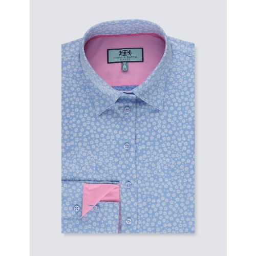 Women's Blue & White Dobby Floral Fitted Shirt