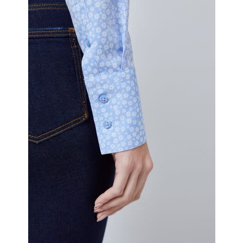 Women's Blue & White Dobby Floral Fitted Shirt