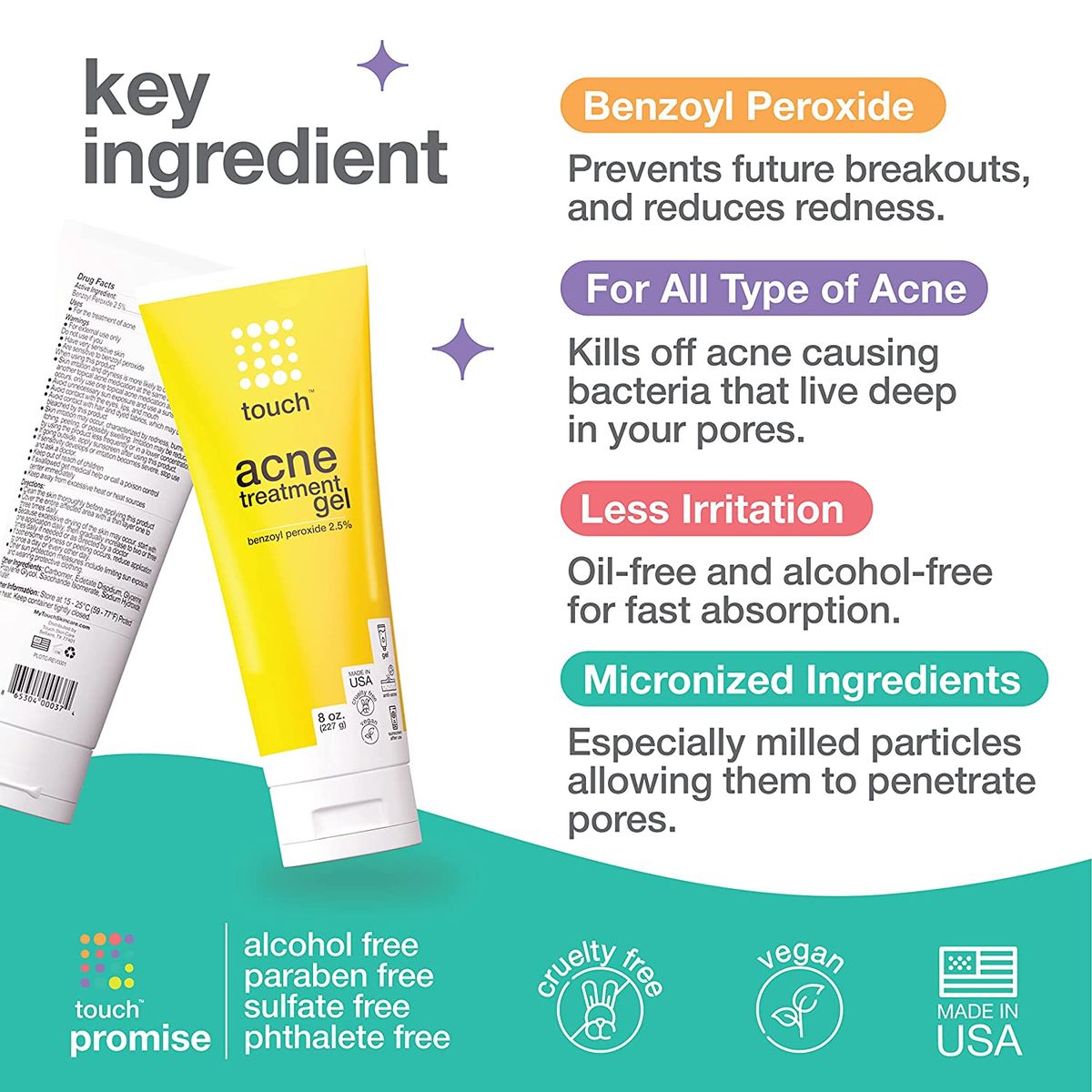 Benzoyl Peroxide 2.5% Acne Treatment Gel Cream - Pimples And Cystic Acne Spot Treatment- 227g