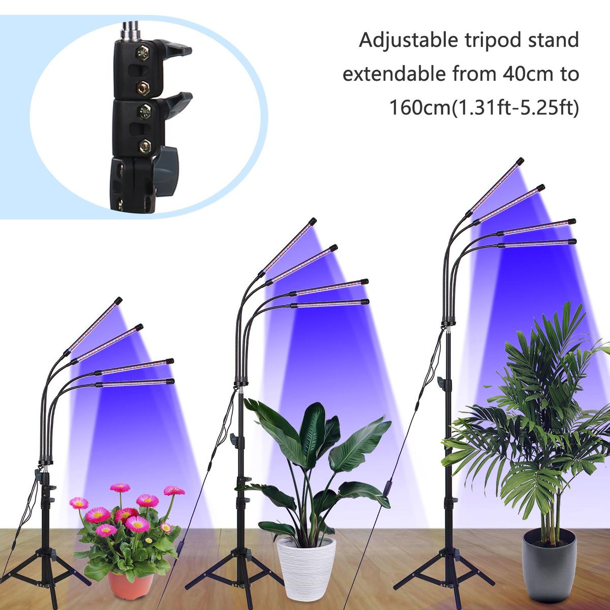 4-Headed LEDs Grow Light with Adjustable Tripod Stand Full Spectrum Plant Growing Lamp 10 Brightness Levels Red & Blue 3 Lighting Modes Timer Function 360° Flexible Hose for Seeding Flowering Fruiting