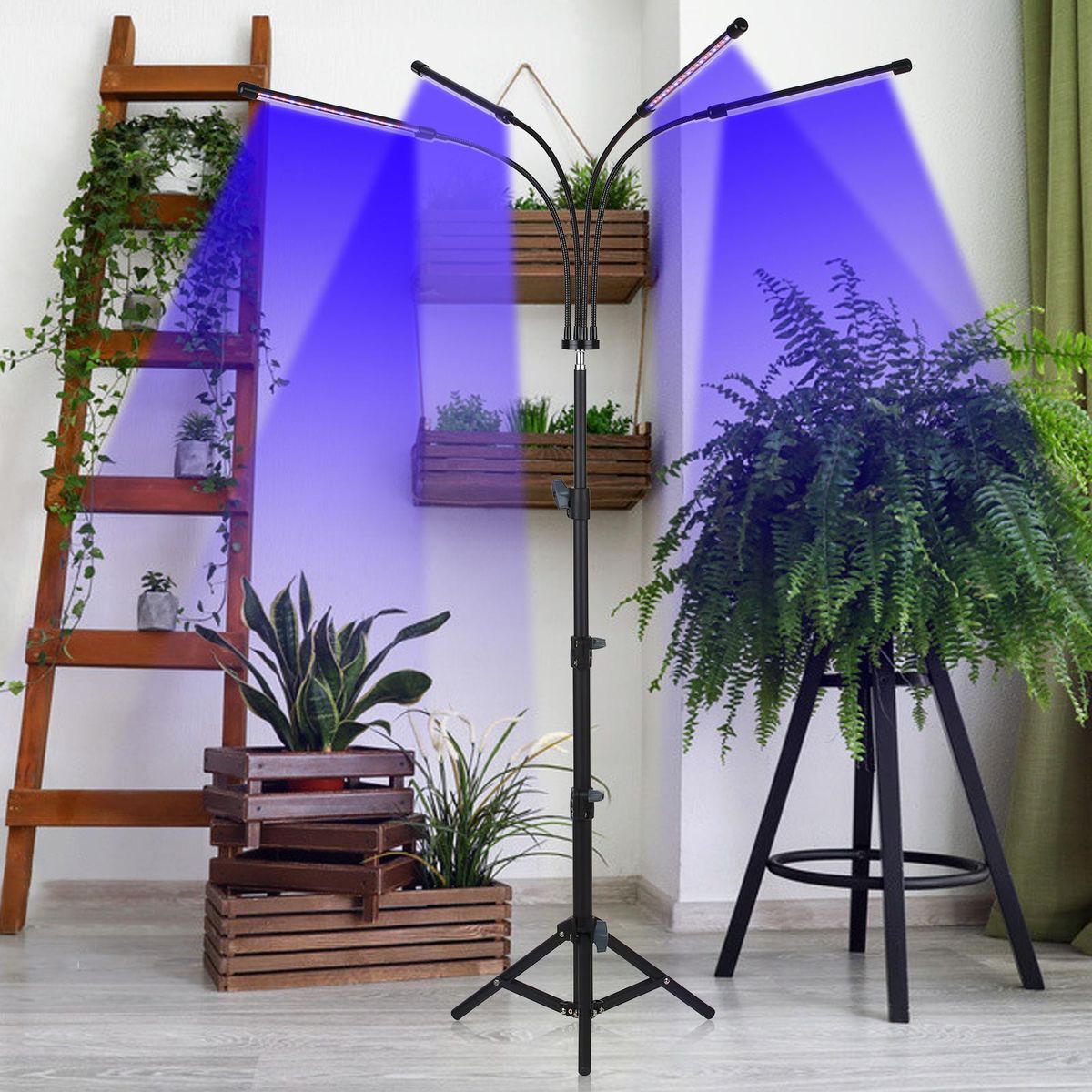 4-Headed LEDs Grow Light with Adjustable Tripod Stand Full Spectrum Plant Growing Lamp 10 Brightness Levels Red & Blue 3 Lighting Modes Timer Function 360° Flexible Hose for Seeding Flowering Fruiting