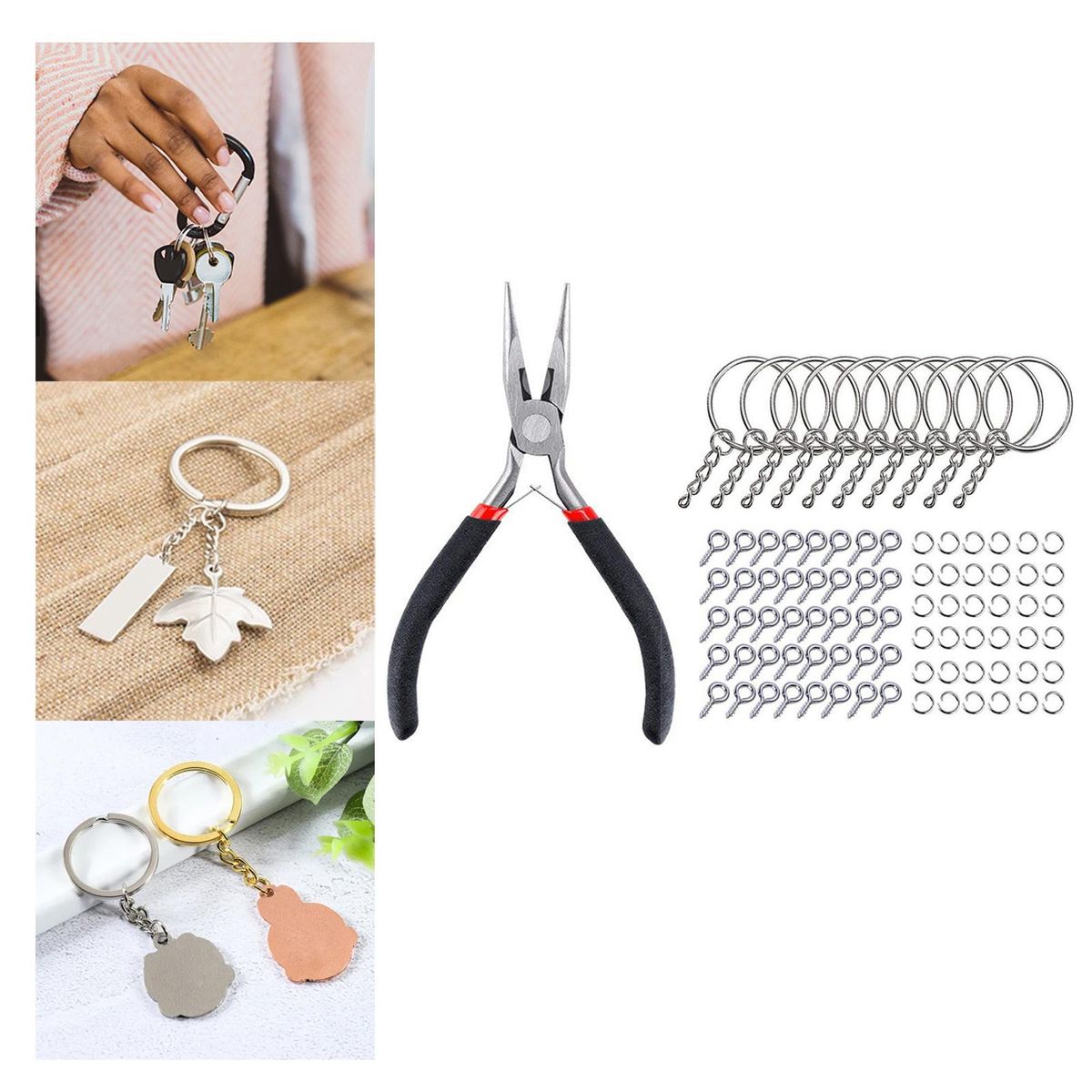 221x Split Key Rings With Chain Set Screw Eye Pins For Pendant Silver