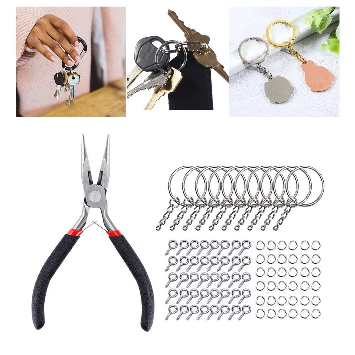 221x Split Key Rings With Chain Set Screw Eye Pins For Pendant Silver