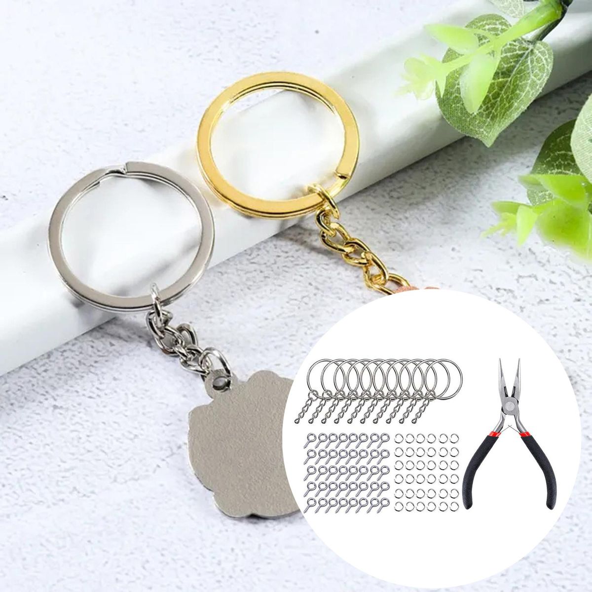 221x Split Key Rings With Chain Set Screw Eye Pins For Pendant Silver