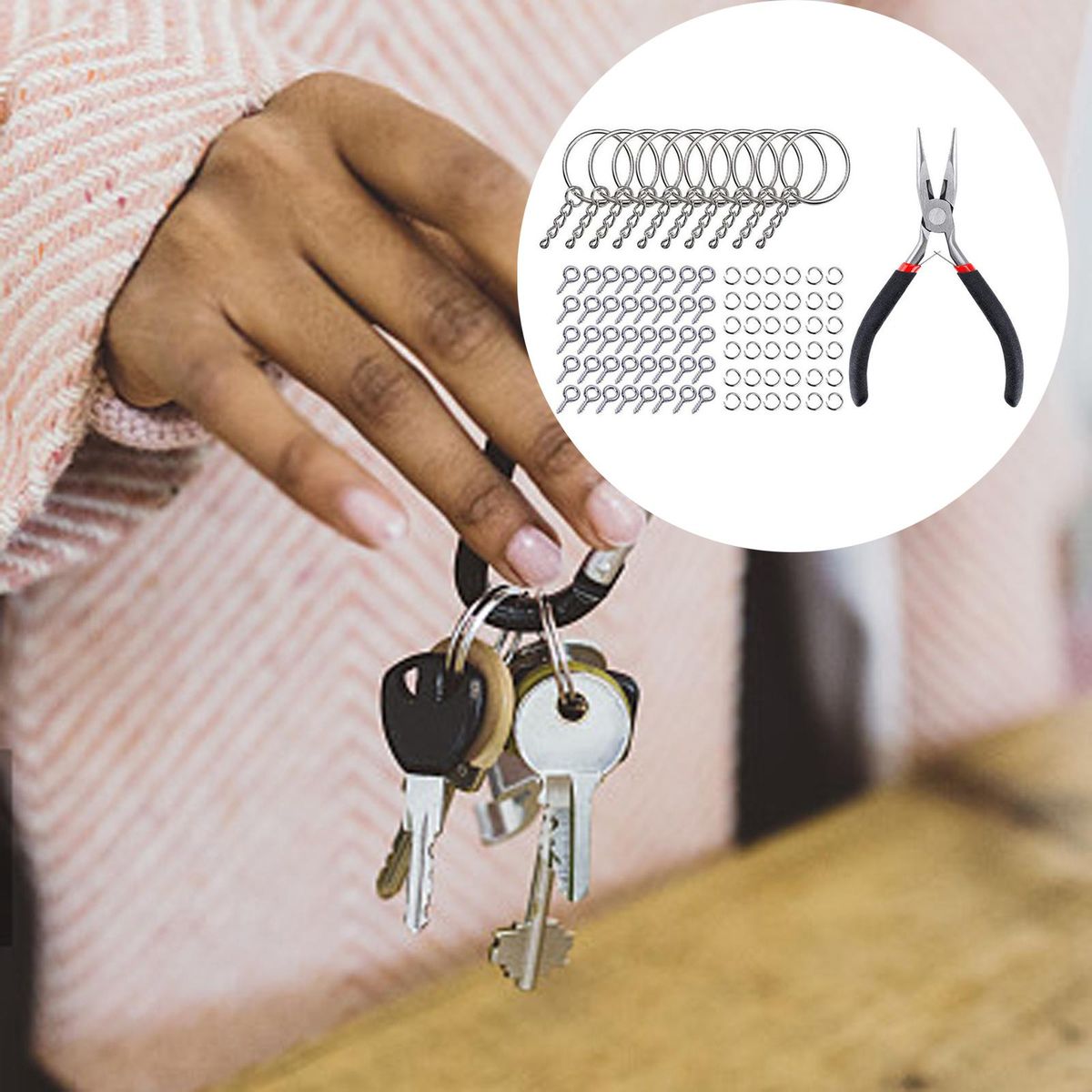 221x Split Key Rings With Chain Set Screw Eye Pins For Pendant Silver
