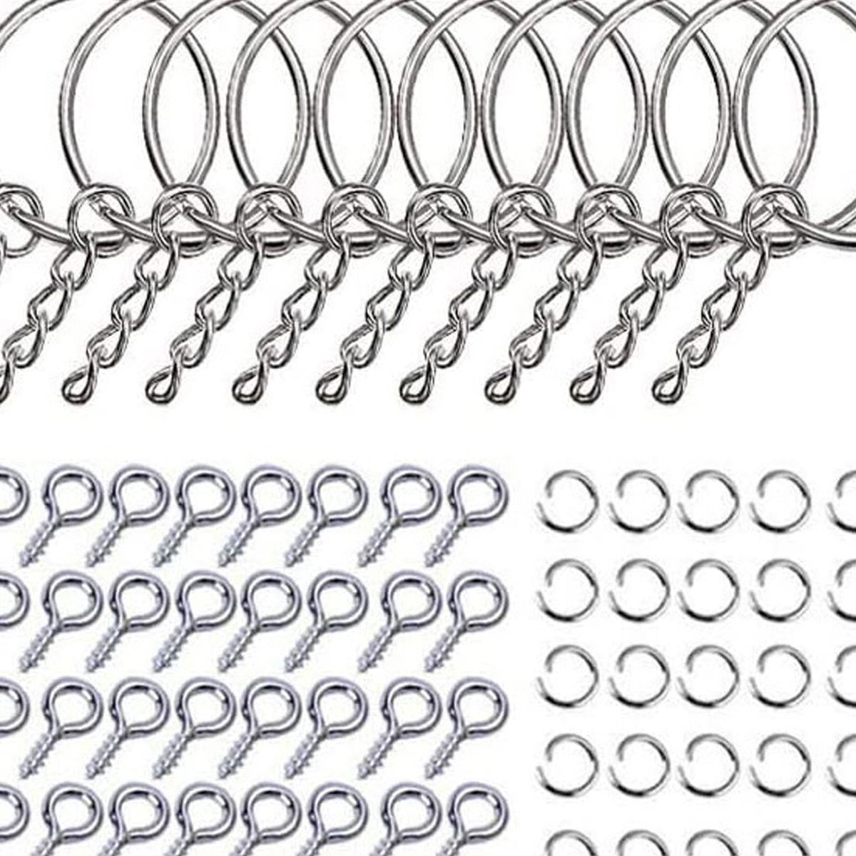 221x Split Key Rings With Chain Set Screw Eye Pins For Pendant Silver