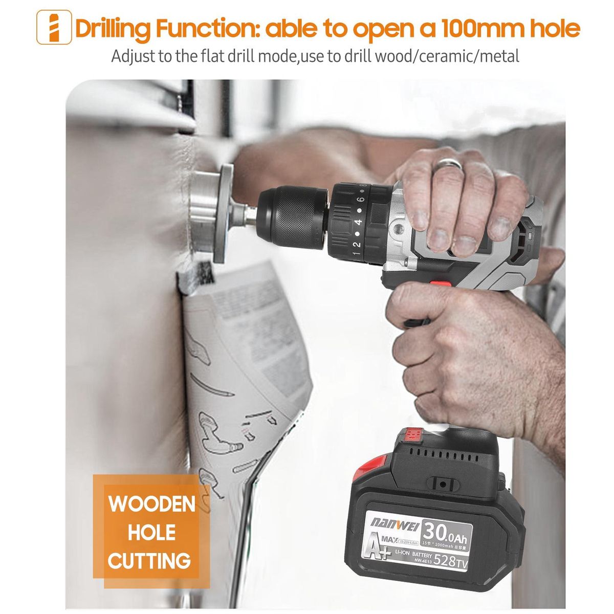 Cordless Drill Driver 21V 6.0A Battery Max Torque 200N.m 1/2 Inch Metal Keyless Chuck 20+3 Position 0-1550RMP Variable Speed Impact Hammer Drill Screwdriver With Plastic Tool Box
