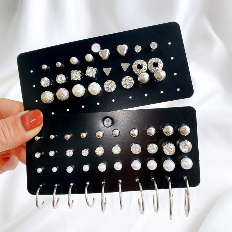 New Creative Simple Temperament Women's Earrings Silver Series Zircon Lovely 32 Pairs Of Sets