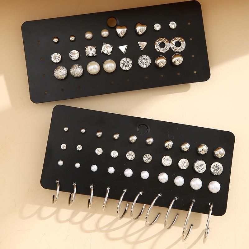 New Creative Simple Temperament Women's Earrings Silver Series Zircon Lovely 32 Pairs Of Sets