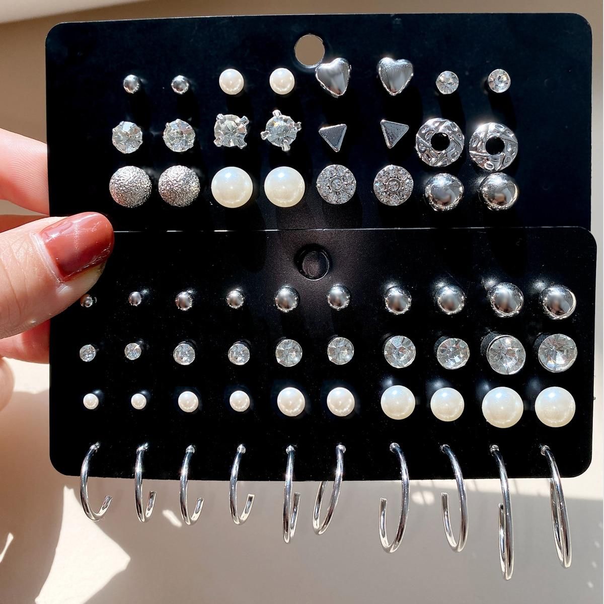 New Creative Simple Temperament Women's Earrings Silver Series Zircon Lovely 32 Pairs Of Sets