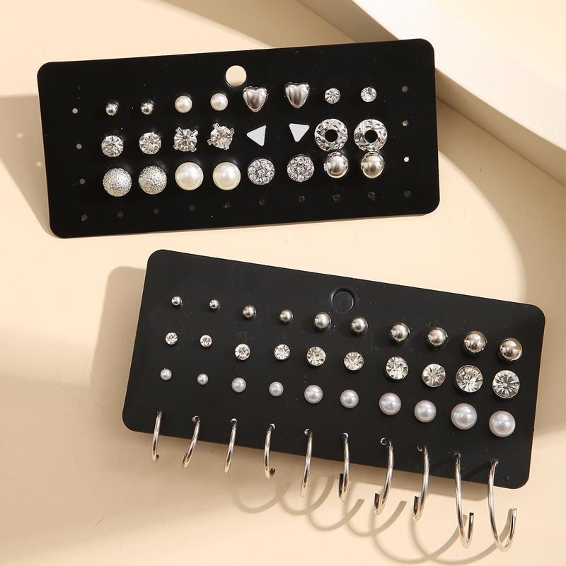 New Creative Simple Temperament Women's Earrings Silver Series Zircon Lovely 32 Pairs Of Sets