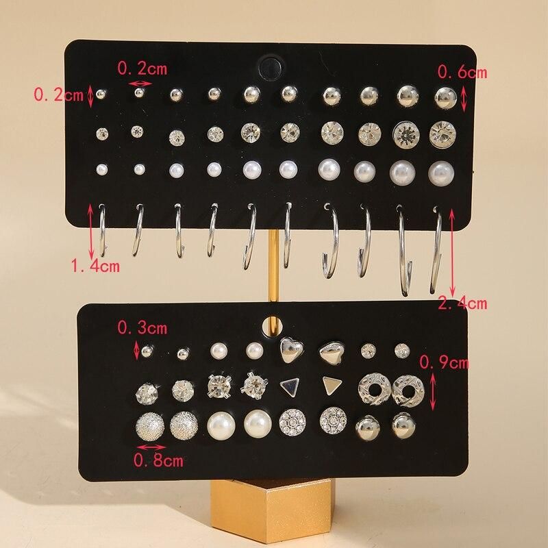 New Creative Simple Temperament Women's Earrings Silver Series Zircon Lovely 32 Pairs Of Sets