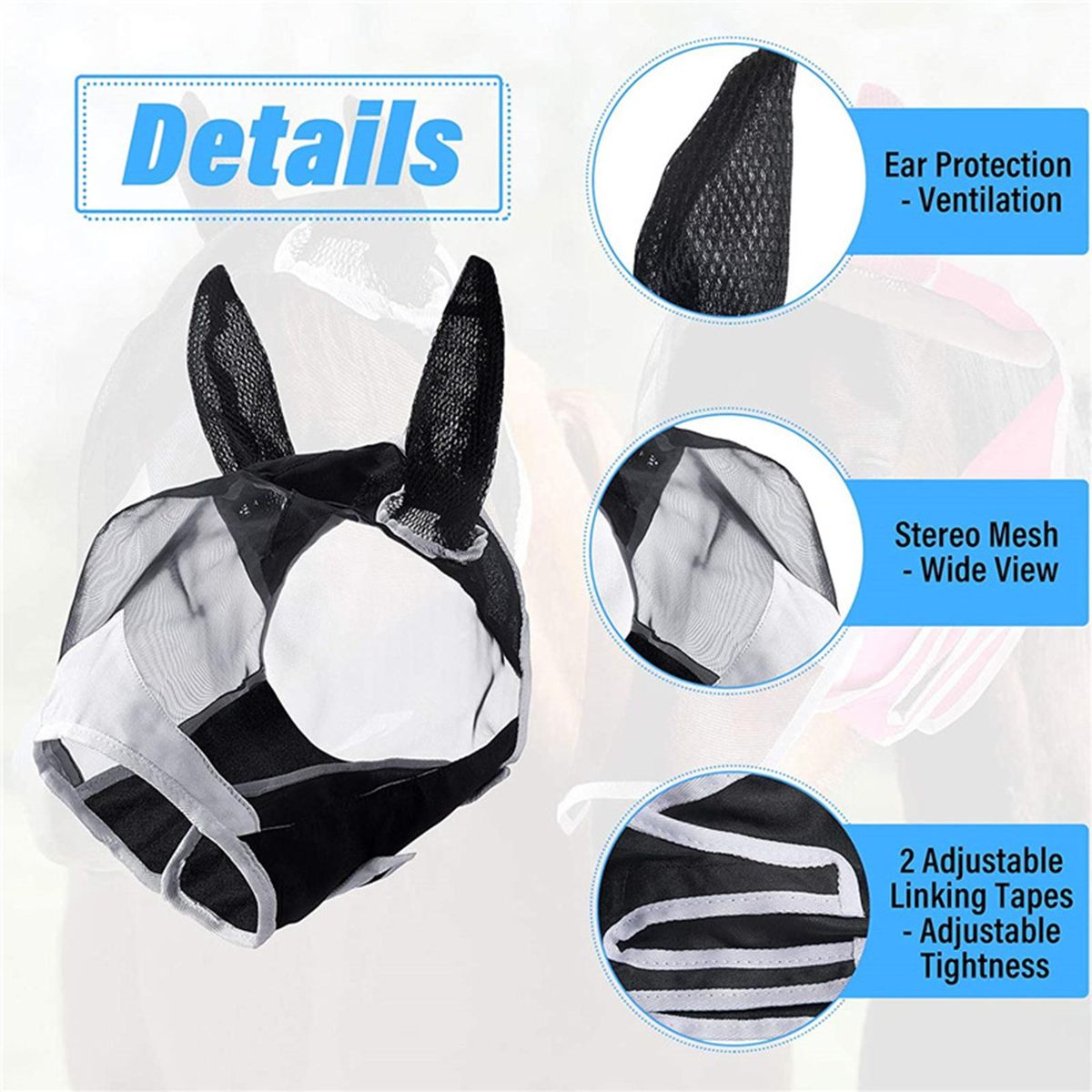 Breathable Fastener Tape Horse Mask Horse Eye Shield Anti-mosquito Mask Mesh Mask with Ears UV Protection Removable Horse Mask