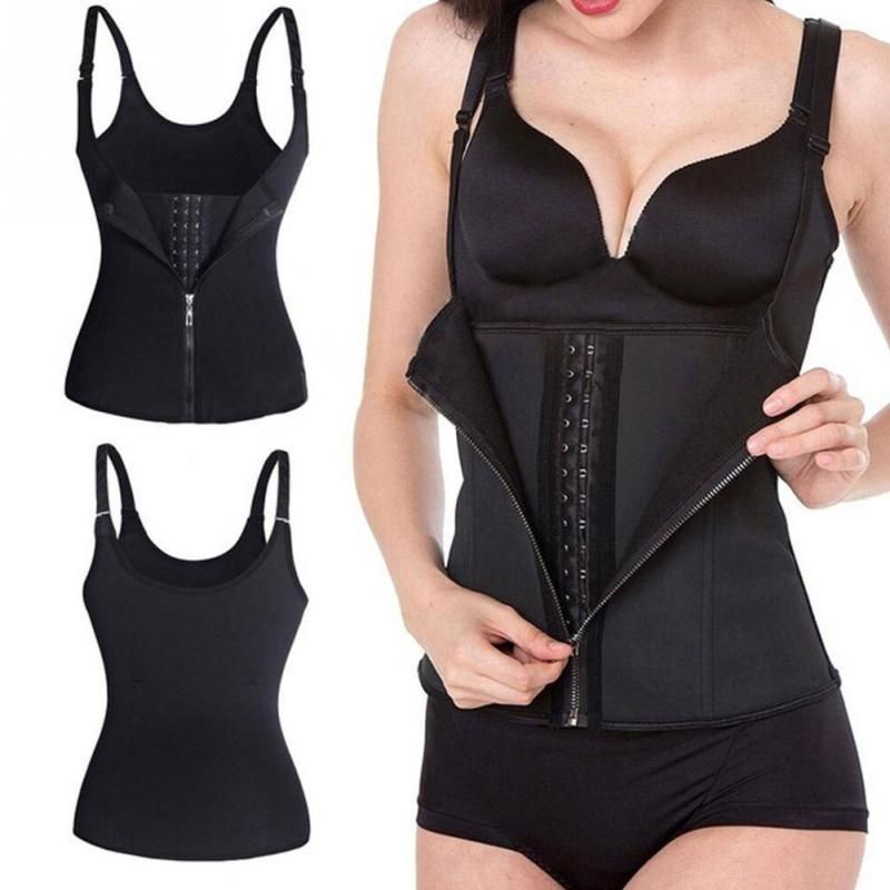 Fashion TB Neoprene Waist Trainer Vest Sweat Corset Zipper Hook Body Shaper Tummy Control Black