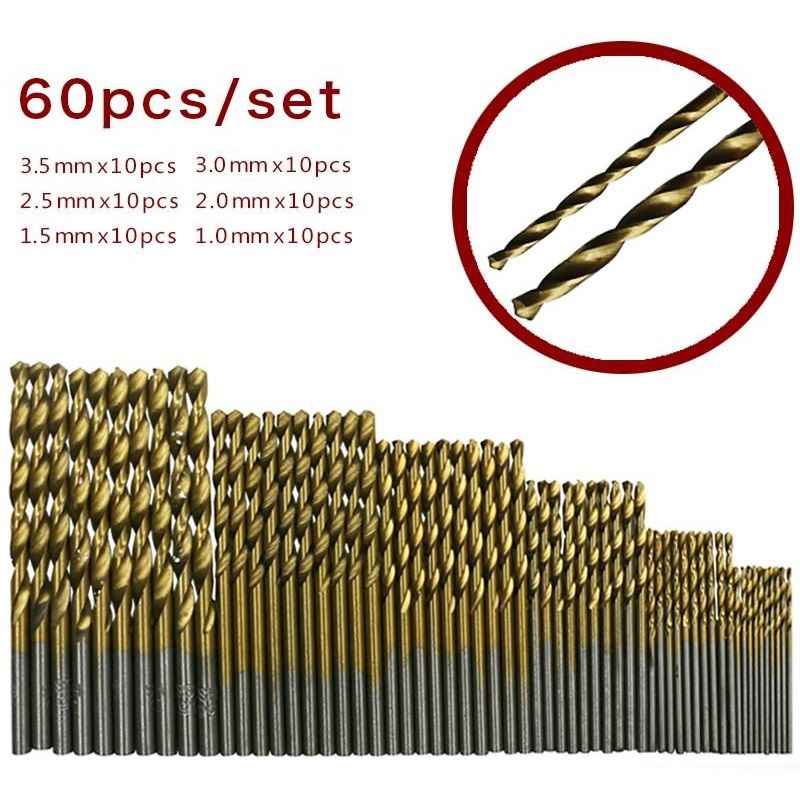 60pcs Twist Drill Bits Set 1.0/1.5/2.0/2.5/3.0/3.5 Mm High Speed Steel Titanium Coated