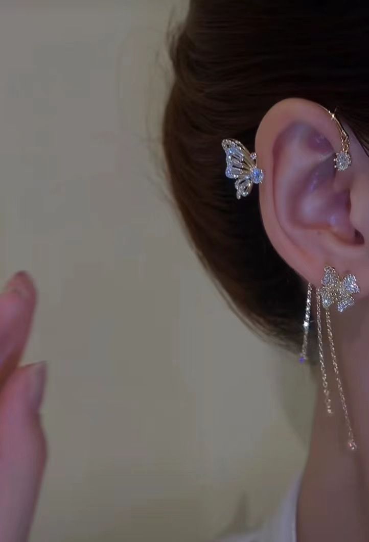 Super Flash Butterfly Flower Ladies Without Ear Holes Tassel Earrings