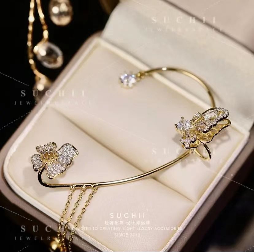 Super Flash Butterfly Flower Ladies Without Ear Holes Tassel Earrings