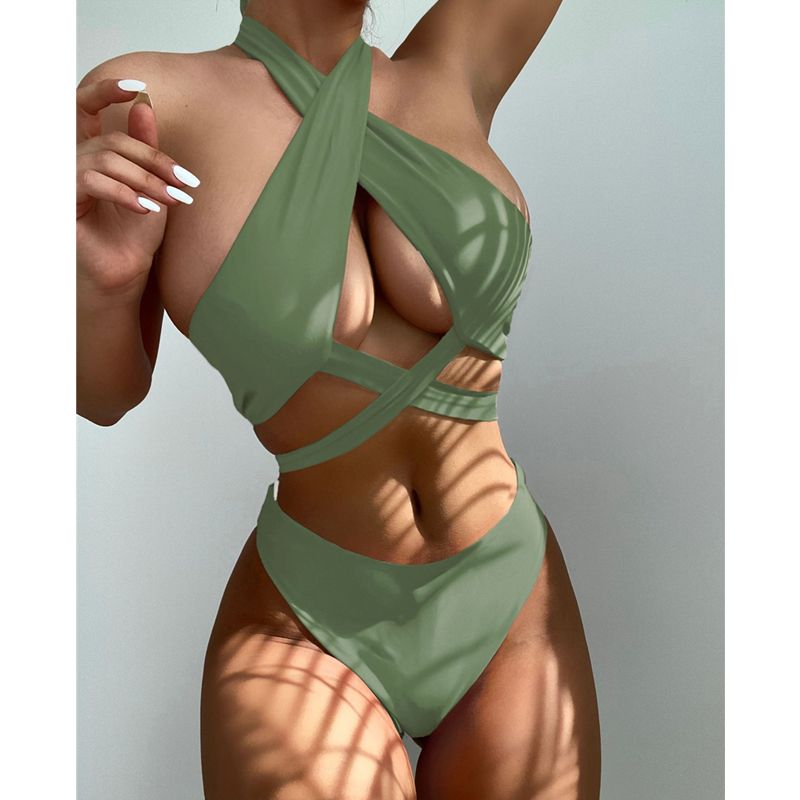 (Bkini Green)y Halter Hollow Cross Bikinis Set Swimsuit Women's 2022 New Solid