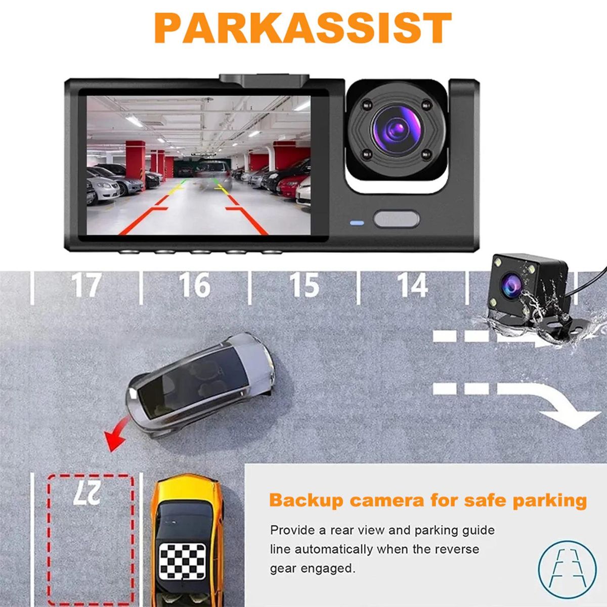 Dash Cam Front and Rear Inside 3 Cameras 1080P+720P+480p Car Rearview Mirror Car Video Recording Camcorder Night Vision Car Camera Recorder Auto Safety Driving Recorder