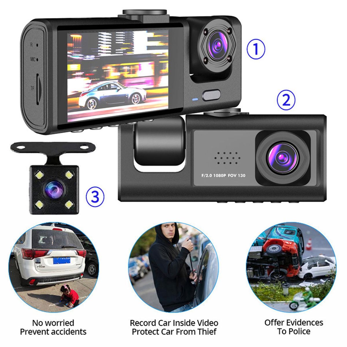 Dash Cam Front and Rear Inside 3 Cameras 1080P+720P+480p Car Rearview Mirror Car Video Recording Camcorder Night Vision Car Camera Recorder Auto Safety Driving Recorder