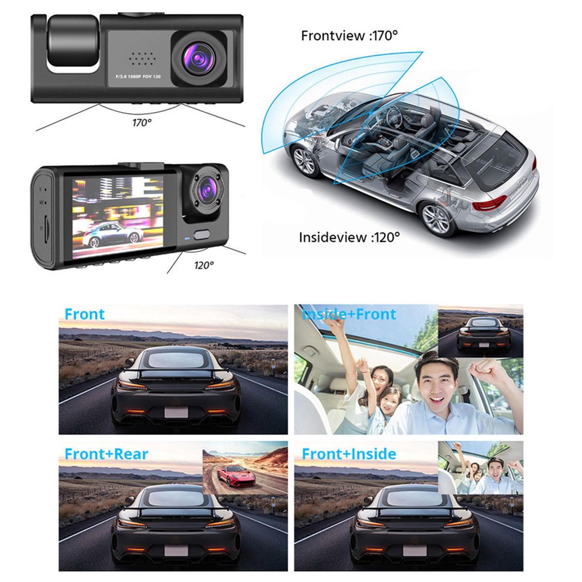 Dash Cam Front and Rear Inside 3 Cameras 1080P+720P+480p Car Rearview Mirror Car Video Recording Camcorder Night Vision Car Camera Recorder Auto Safety Driving Recorder