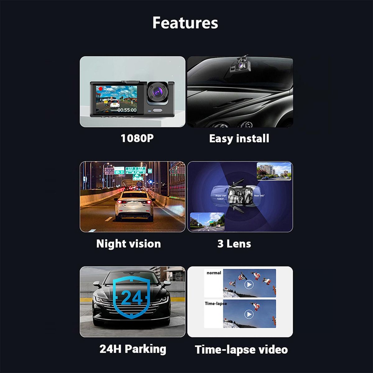 Dash Cam Front and Rear Inside 3 Cameras 1080P+720P+480p Car Rearview Mirror Car Video Recording Camcorder Night Vision Car Camera Recorder Auto Safety Driving Recorder