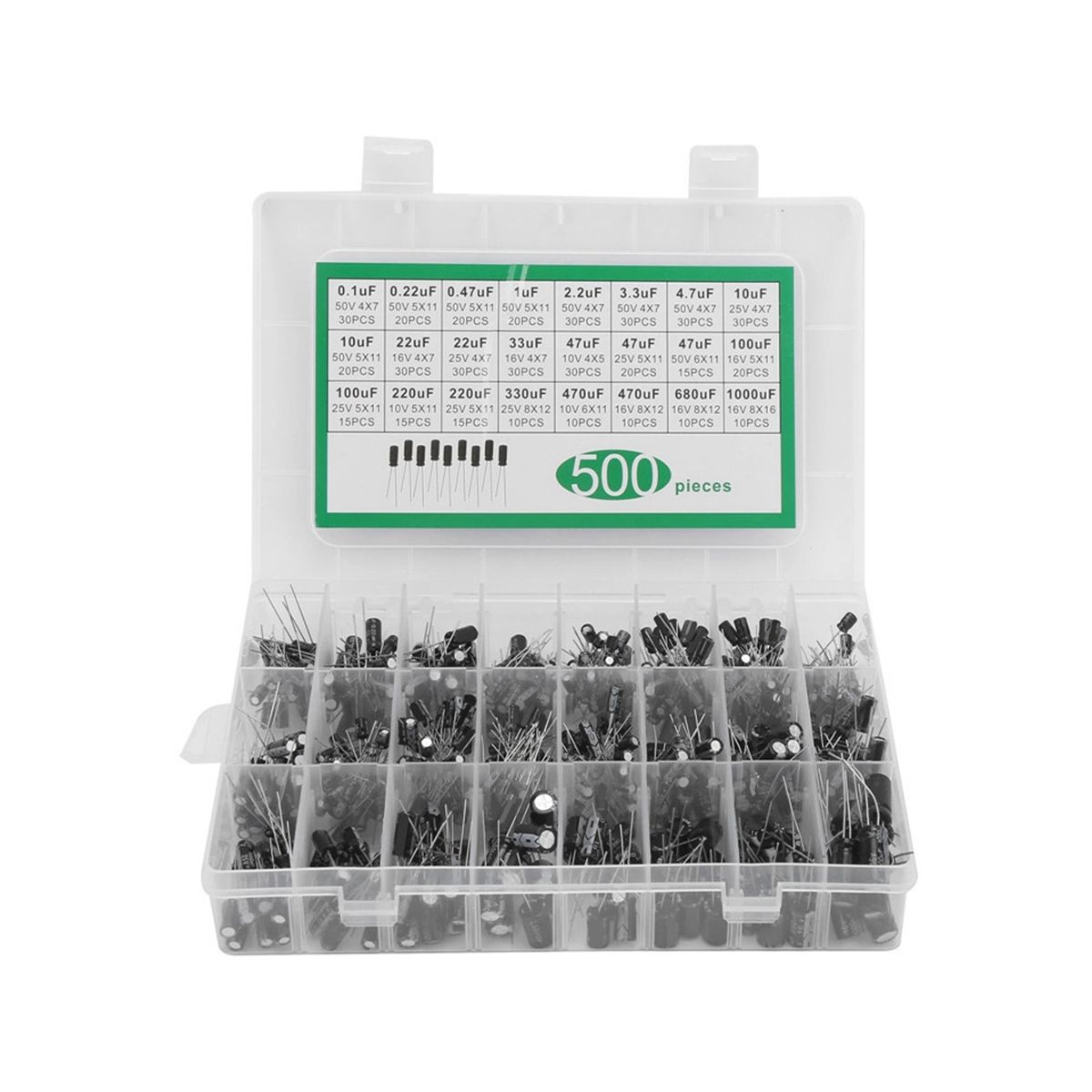 500PCS 01UF-1000UF In-Line Electrolytic Capacitors Sample Kit 16V-50V