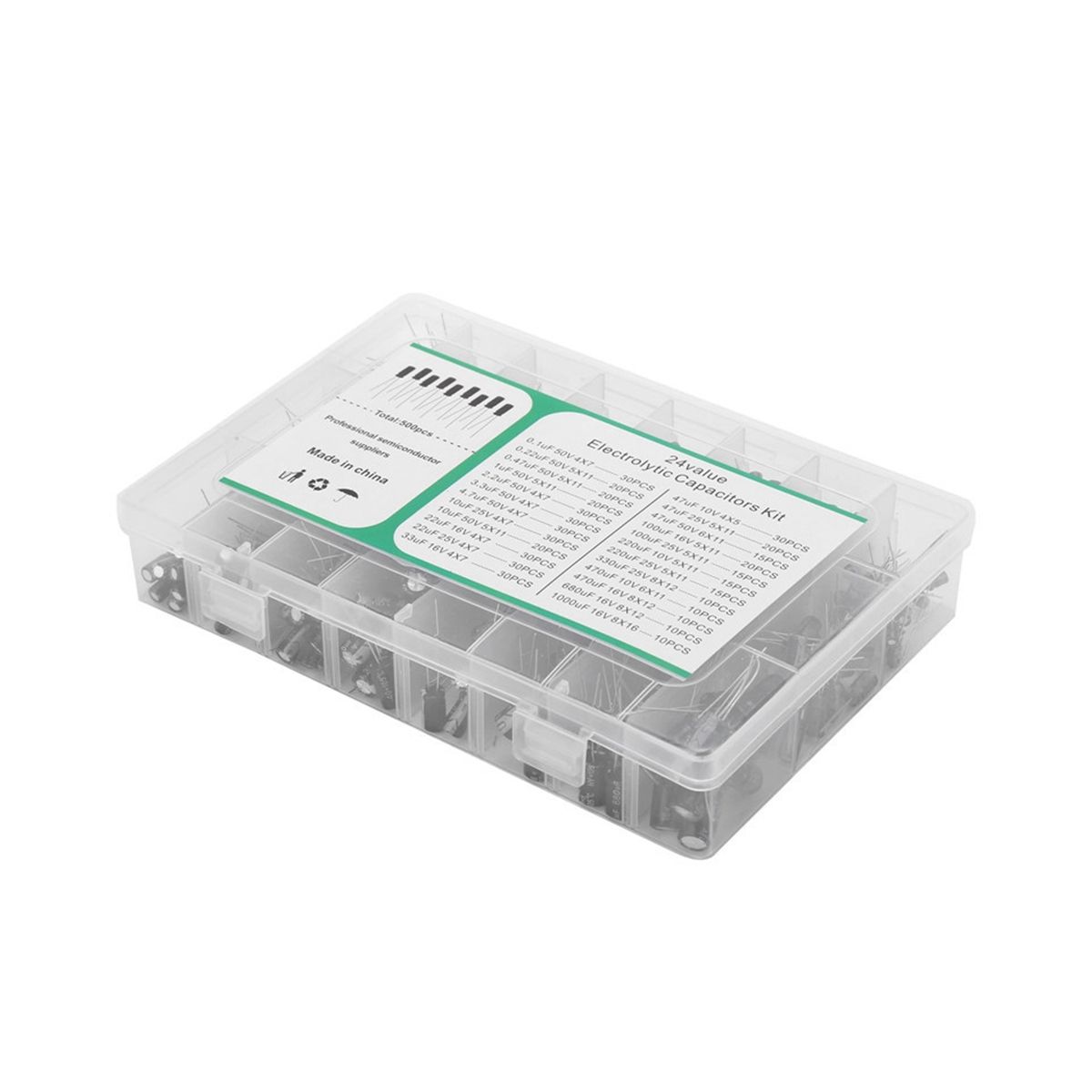 500PCS 01UF-1000UF In-Line Electrolytic Capacitors Sample Kit 16V-50V