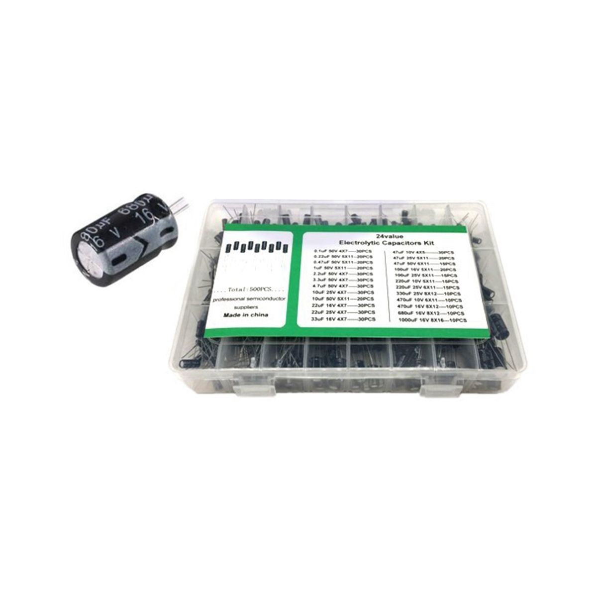 500PCS 01UF-1000UF In-Line Electrolytic Capacitors Sample Kit 16V-50V