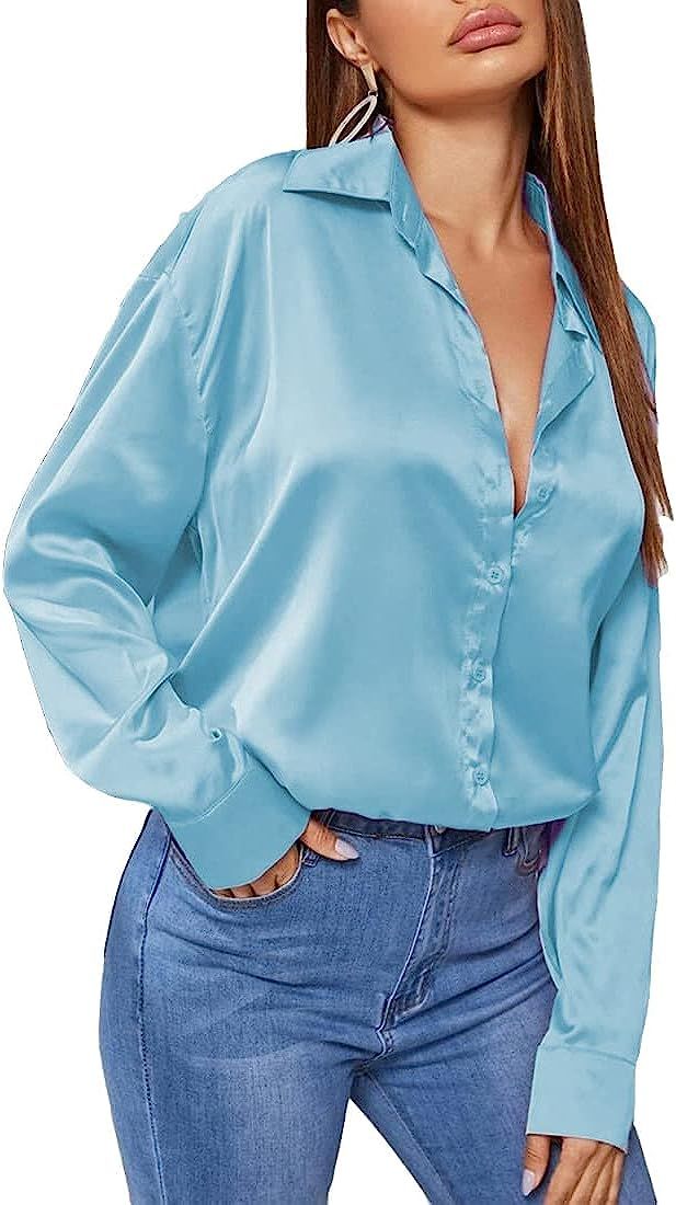 Light Blue  Button Down Satin Silk Shirt Long Sleeve Ladies Women Top Blouse