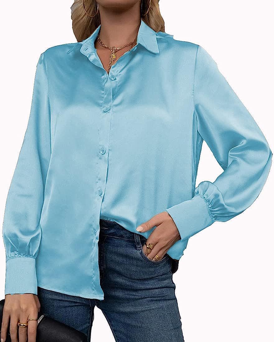 Light Blue  Button Down Satin Silk Shirt Long Sleeve Ladies Women Top Blouse