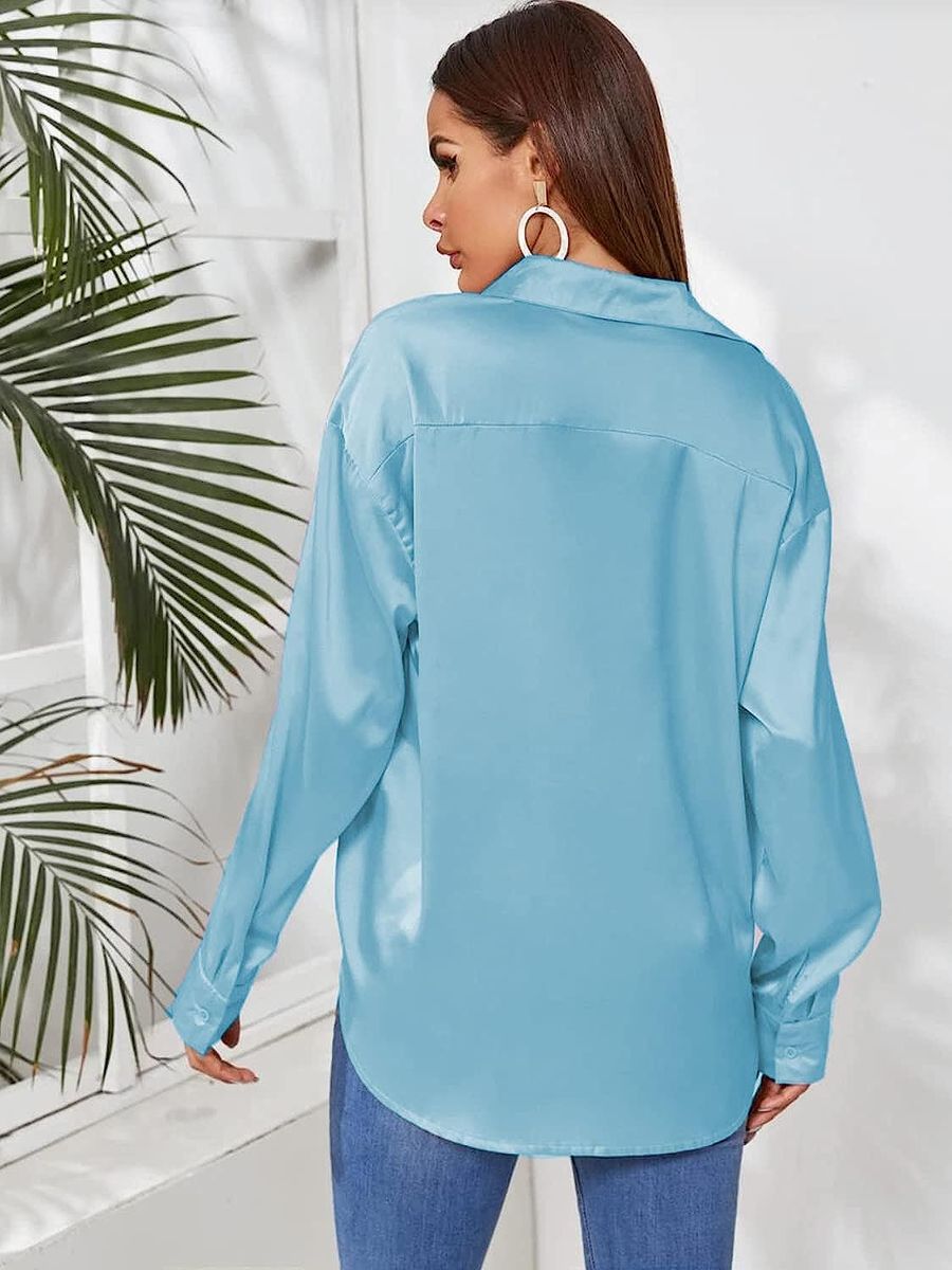 Light Blue  Button Down Satin Silk Shirt Long Sleeve Ladies Women Top Blouse